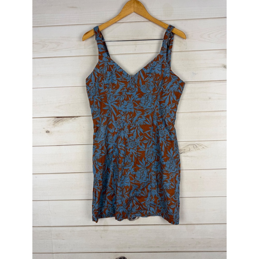 Madewell Linen Floral Mini Dress Blue Rust Orange V-Neck Sleeveless Size 10